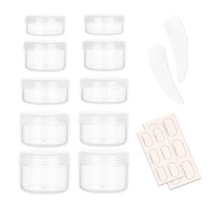 10 pieces small travel containers, 3/5/10/15/20 gram size travel jars, cosmetic travel size containers for lotions and creams, plastic sample containers jars with 12pcs labels, 2pcs mini spatula