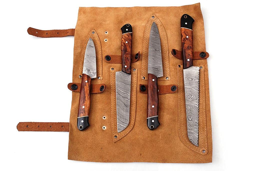 Professional Kitchen knife Custom Damascus Steel Chef knife 4 pcs of Utility BBQ knife| Cutlery set with Ross wood and Buffalo Horn Handle with Leather Roll Case, Overall 8.5 -13 inches