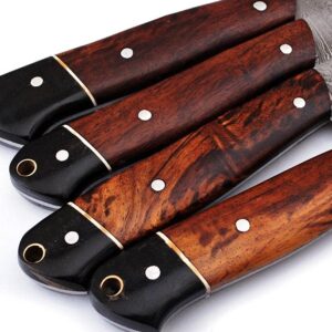 Professional Kitchen knife Custom Damascus Steel Chef knife 4 pcs of Utility BBQ knife| Cutlery set with Ross wood and Buffalo Horn Handle with Leather Roll Case, Overall 8.5 -13 inches