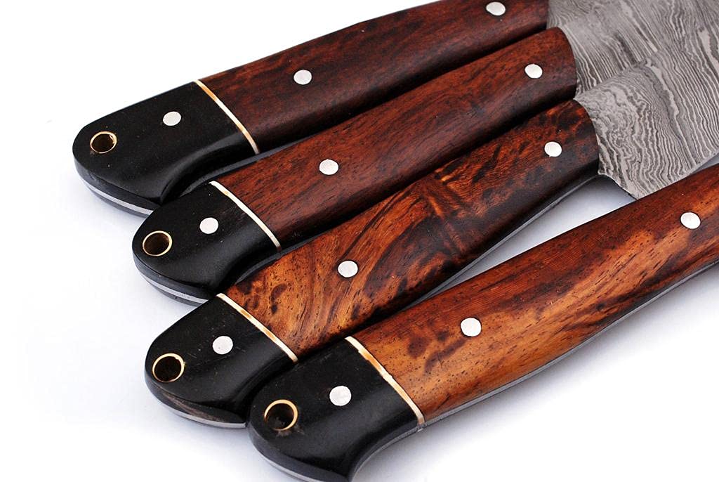 Professional Kitchen knife Custom Damascus Steel Chef knife 4 pcs of Utility BBQ knife| Cutlery set with Ross wood and Buffalo Horn Handle with Leather Roll Case, Overall 8.5 -13 inches