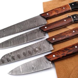 Professional Kitchen knife Custom Damascus Steel Chef knife 4 pcs of Utility BBQ knife| Cutlery set with Ross wood and Buffalo Horn Handle with Leather Roll Case, Overall 8.5 -13 inches