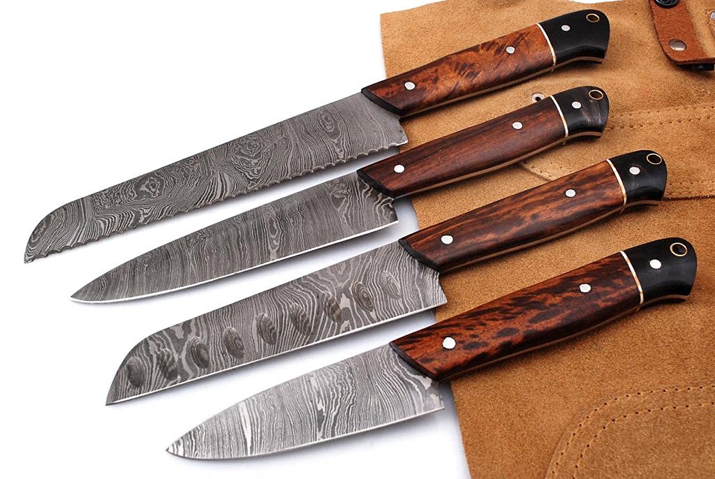 Professional Kitchen knife Custom Damascus Steel Chef knife 4 pcs of Utility BBQ knife| Cutlery set with Ross wood and Buffalo Horn Handle with Leather Roll Case, Overall 8.5 -13 inches