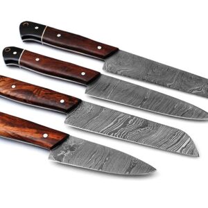 Professional Kitchen knife Custom Damascus Steel Chef knife 4 pcs of Utility BBQ knife| Cutlery set with Ross wood and Buffalo Horn Handle with Leather Roll Case, Overall 8.5 -13 inches