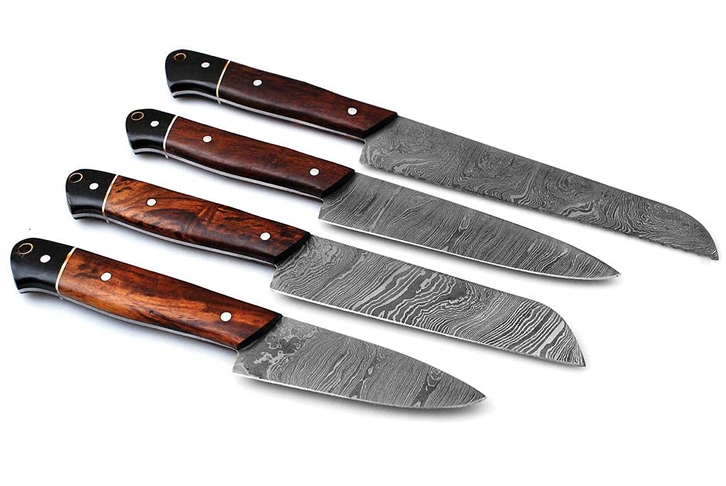 Professional Kitchen knife Custom Damascus Steel Chef knife 4 pcs of Utility BBQ knife| Cutlery set with Ross wood and Buffalo Horn Handle with Leather Roll Case, Overall 8.5 -13 inches