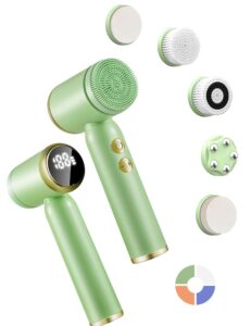 6 in 1 face brushes for cleansing and exfoliating,spin facial cleansing brush with led display,electric face cleansing brush,rechargeable facial cleansing brush with 6 heads bsroluna(fruit green)