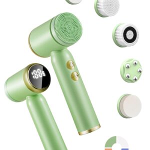 6 in 1 Face Brushes for Cleansing and Exfoliating,Spin Facial Cleansing Brush with LED Display,Electric Face Cleansing Brush,Rechargeable Facial Cleansing Brush with 6 Heads BSROLUNA(Fruit Green)