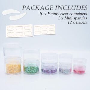 10 Pieces Small Travel Containers, 3/5/10/15/20 Gram Size Travel Jars, Cosmetic Travel Size Containers for Lotions and Creams, Plastic Sample Containers Jars with 12pcs Labels, 2pcs Mini Spatula