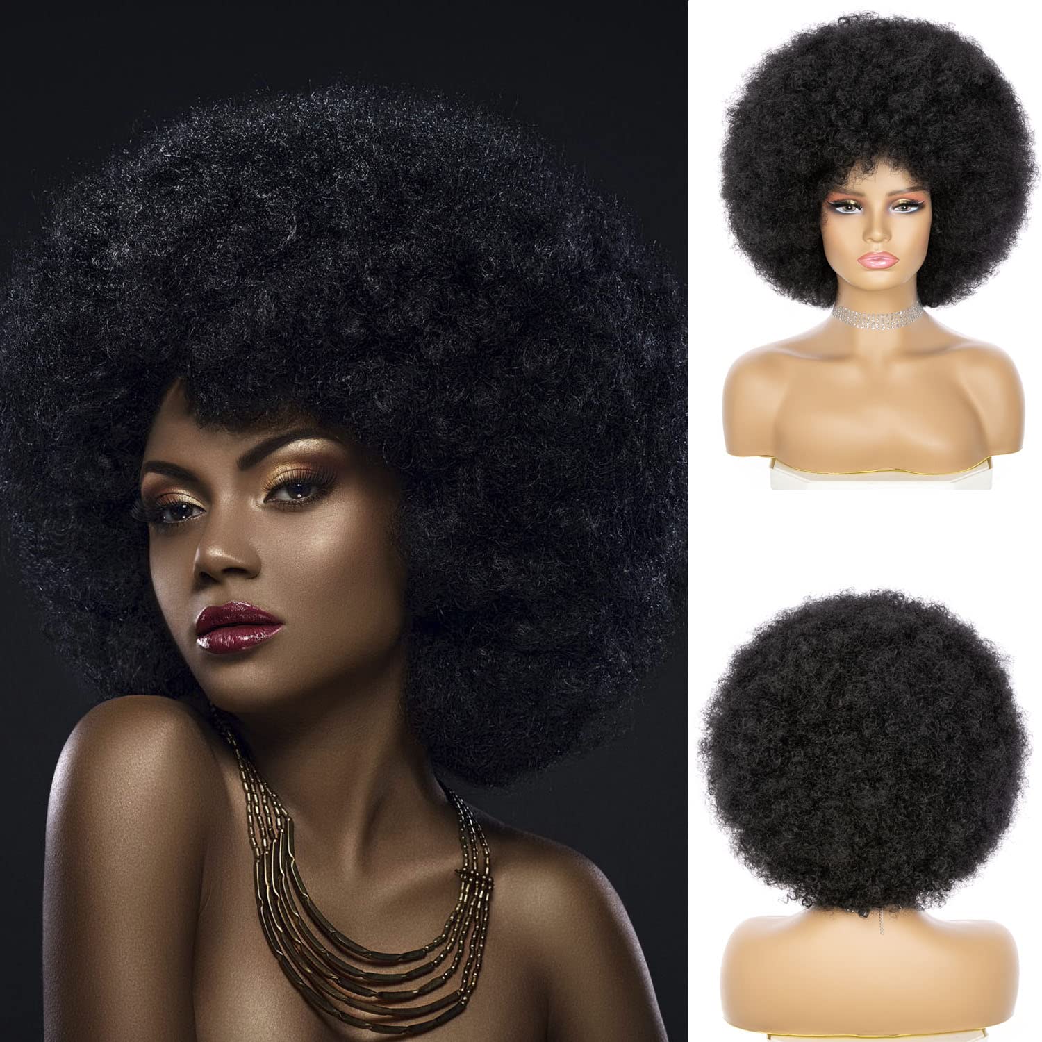 Afro Wig - Soft Afro Wig 70s For Women Afro Kinky Curly Hair Wigs With Bangs Natural Looking Short Afro Curly Wig For Men Bouncy Black Afro Puff Wig Synthetic Hair Big Afro Wig For Daily Party Use