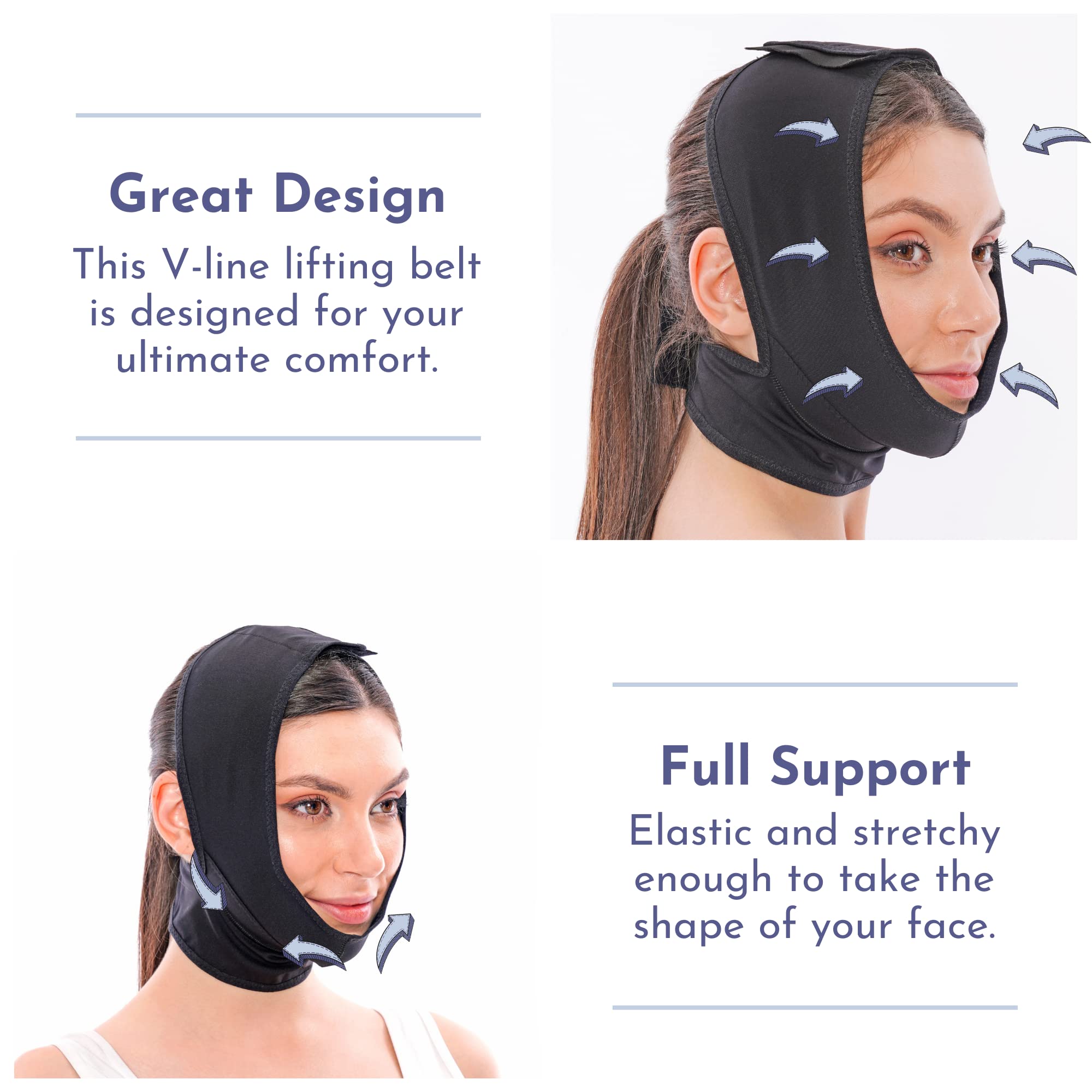 Post Surgery Facial Compression Neck Coverage Chin Strap, V-Shaped Face Slimmer, Jowl Tightening Chin Lifting Double Chin Reducer Band (M/L, Black)