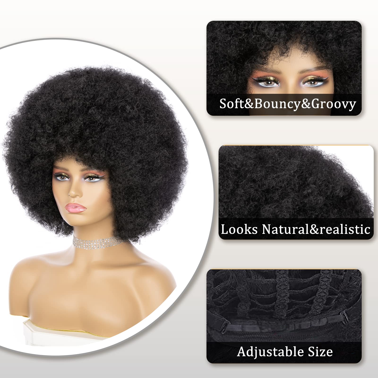 Afro Wig - Soft Afro Wig 70s For Women Afro Kinky Curly Hair Wigs With Bangs Natural Looking Short Afro Curly Wig For Men Bouncy Black Afro Puff Wig Synthetic Hair Big Afro Wig For Daily Party Use