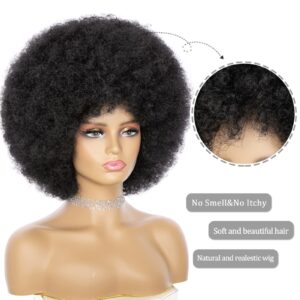 Afro Wig - Soft Afro Wig 70s For Women Afro Kinky Curly Hair Wigs With Bangs Natural Looking Short Afro Curly Wig For Men Bouncy Black Afro Puff Wig Synthetic Hair Big Afro Wig For Daily Party Use