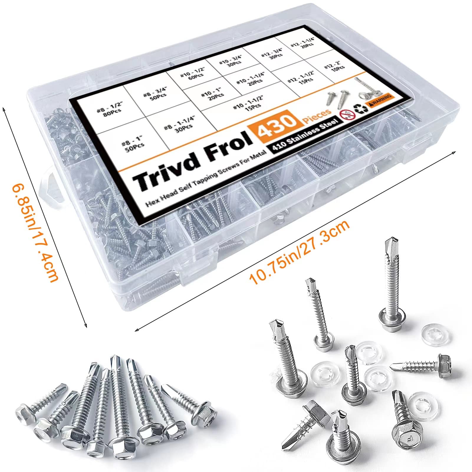 Trivd Frol 410 Stainless Steel Self Tapping TEK Screws Assortment,430 pcs #8#10#12 Hex Head Self Drilling Screws for Metal, Length 1/2" to 2"