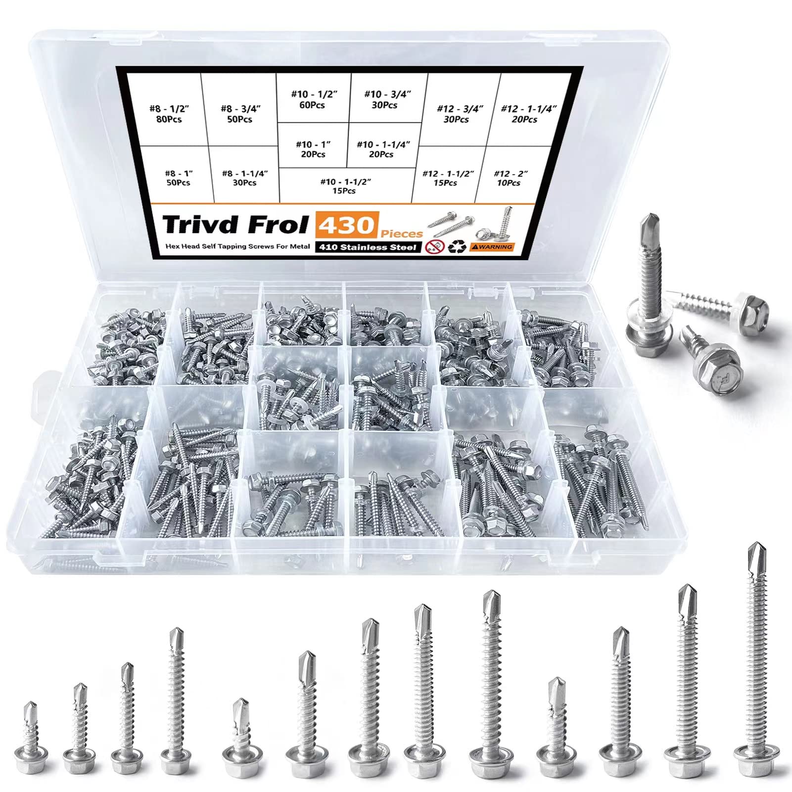 Trivd Frol 410 Stainless Steel Self Tapping TEK Screws Assortment,430 pcs #8#10#12 Hex Head Self Drilling Screws for Metal, Length 1/2" to 2"