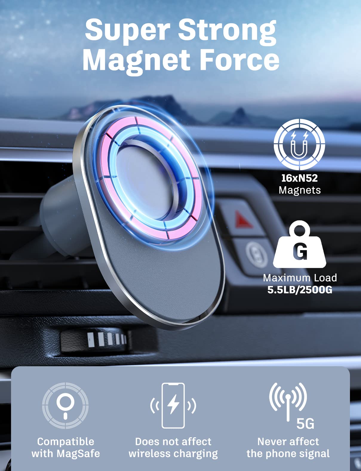 Hinyx MagSafe Car Mount-Strongest Magnet Power, Magnetic Phone Holder for Car Easily Install Air Vent Phone Mount for iPhone 15/14/13/12 Pro Max Mini Plus MagSafe Case & All Phones, with Metal Ring