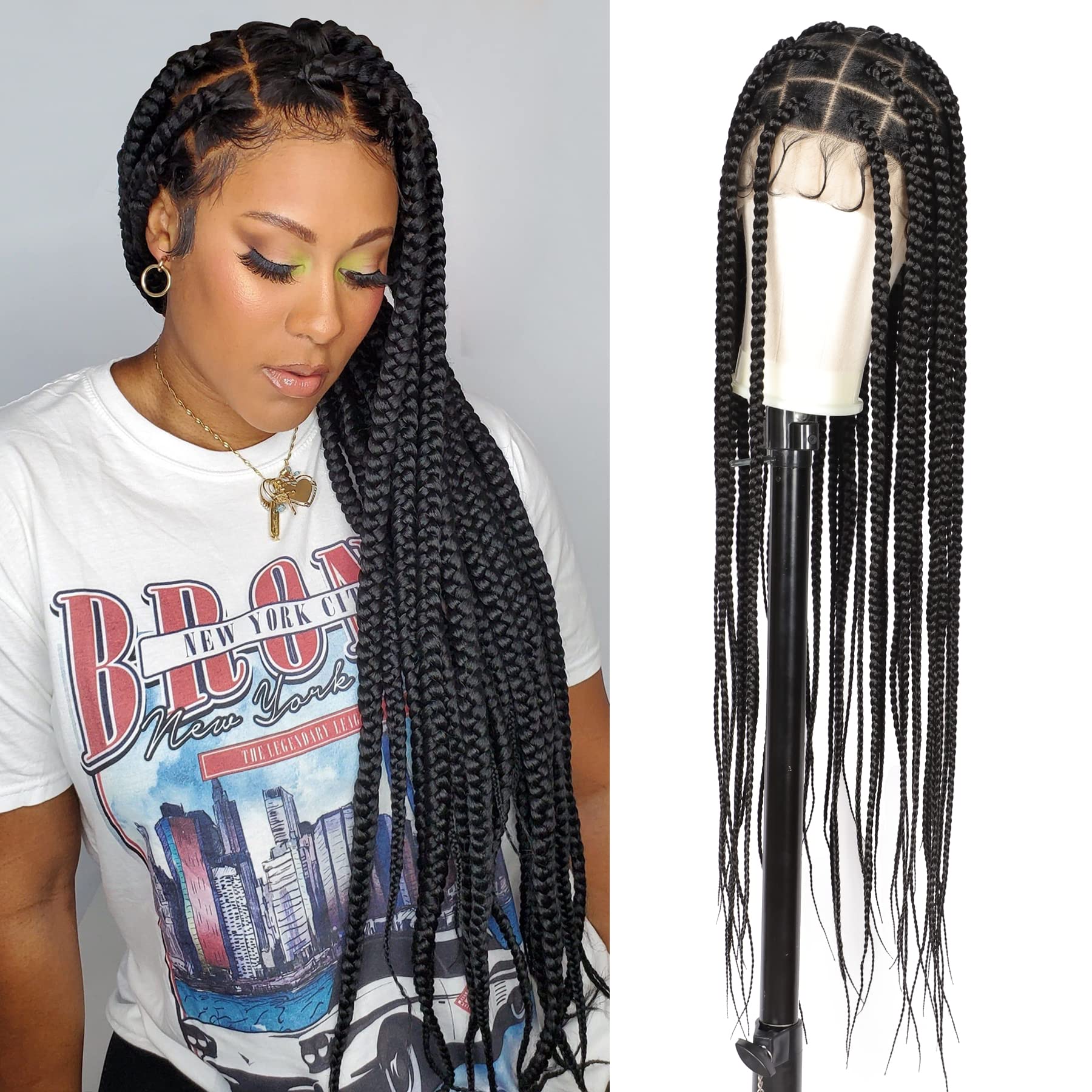 Lexqui 36" Large Knotless Braided Wigs for Women Box Braided Lace Wigs Human Hair Blended Braided Lace Front Wigs Full Double Lace Braid Wig with Baby Hair Natural Black