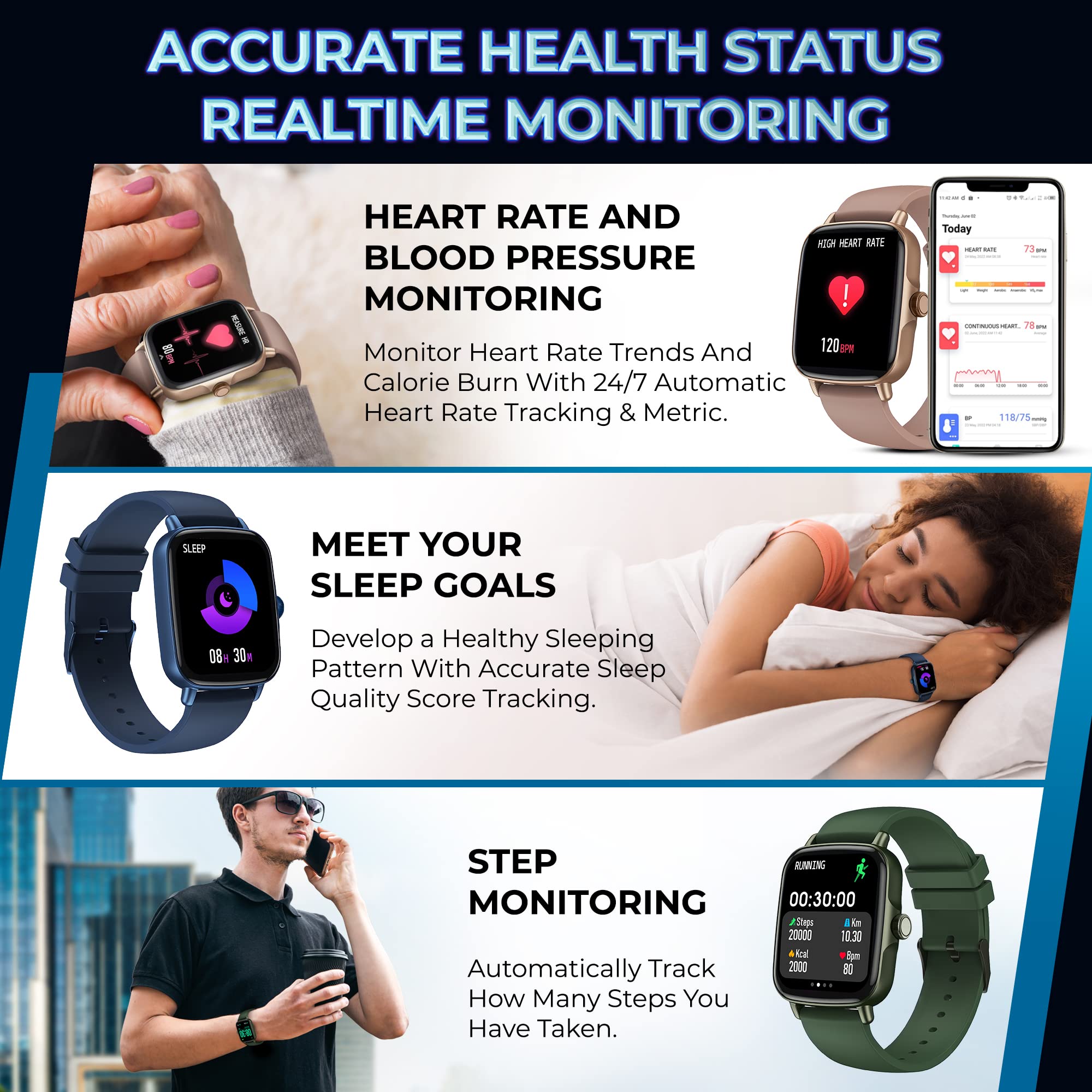 Inspiratek Smartwatch for Men & Women - Multi-Function Health Fitness Watch w/Accurate All- Day Sleep, Step & Heart Rate Monitoring - Waterproof IOS and Android Smart Watch for Women & Men (Black)