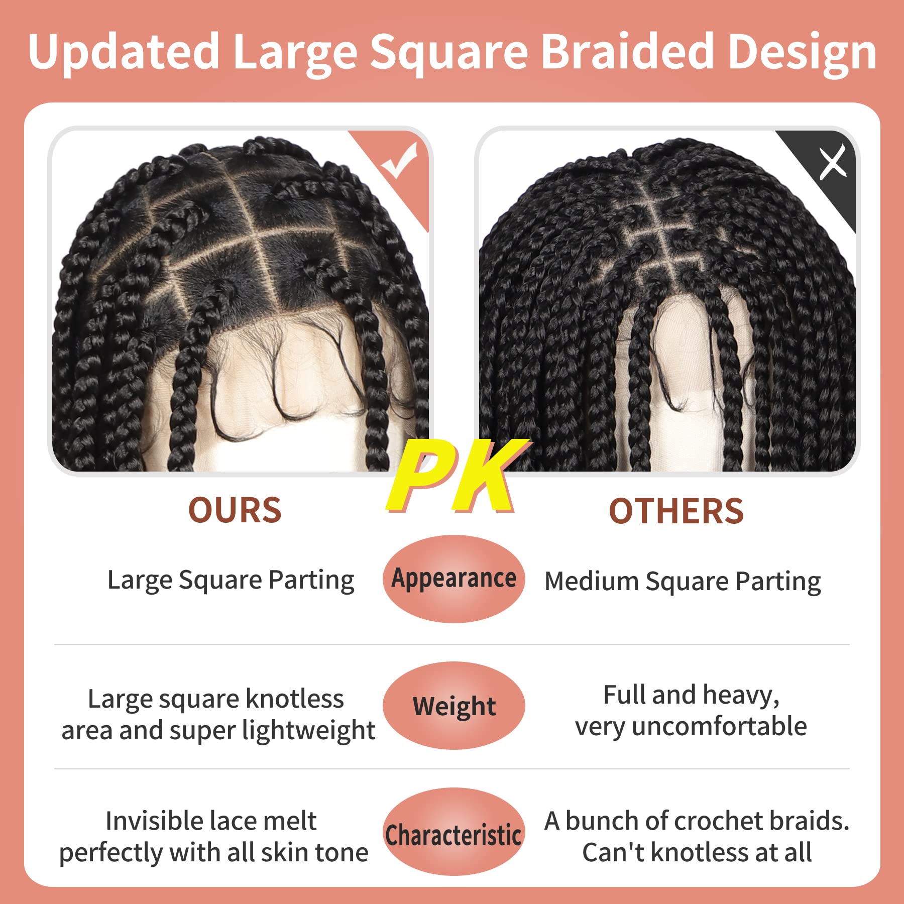 Lexqui 36" Large Knotless Braided Wigs for Women Box Braided Lace Wigs Human Hair Blended Braided Lace Front Wigs Full Double Lace Braid Wig with Baby Hair Natural Black