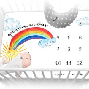 QICAIYUN Baby Monthly Milestone Blanket, Rainbow Theme Baby Month Blanket for Baby's, First Year Calendar Growth Chart, 48''x48'' YUN007