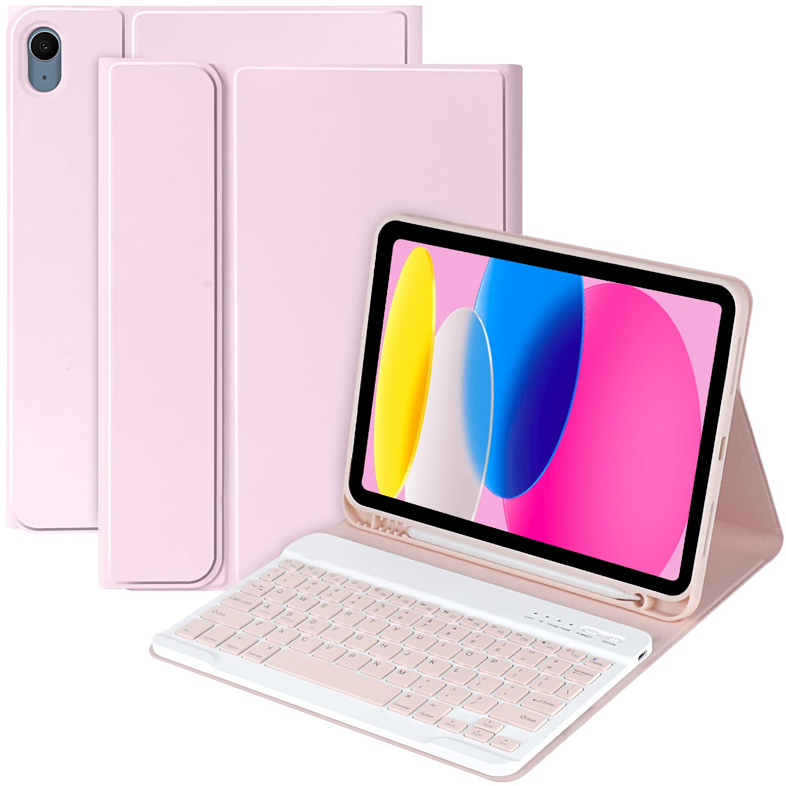 MMK Keyboard Case for iPad 10th Generation 10.9" 2022, for iPad Keyboard 10th Generation Case for (A2757/A2777/A2696/A3162), for iPad Case with Detachable Bluetooth Keyboard & Pencil Holder-Pink