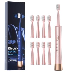 sonic electric toothbrush for adults, usb rechargeable sonic toothbrush with 8 brush heads, smart timer, 5 modes, 2-hour fast charge last 30 days, pink