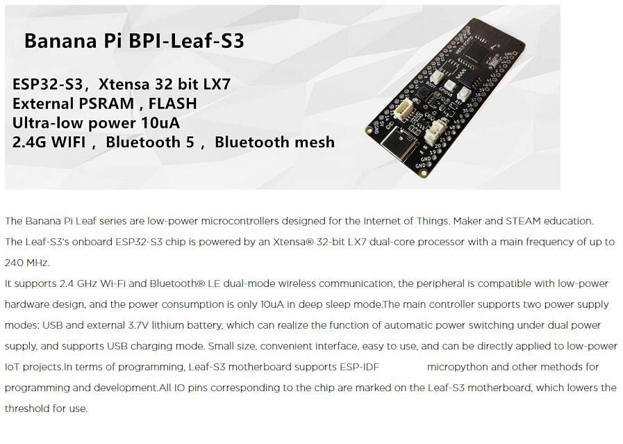 Banana Pi BPI-Leaf-S3 ESP32-S3 Development Board 2.4GHz Dual-Mode Single Board Computer with 10uA Power Consumption for IoT Connectivity Support ESP-IDF and Micropython (3PCS)