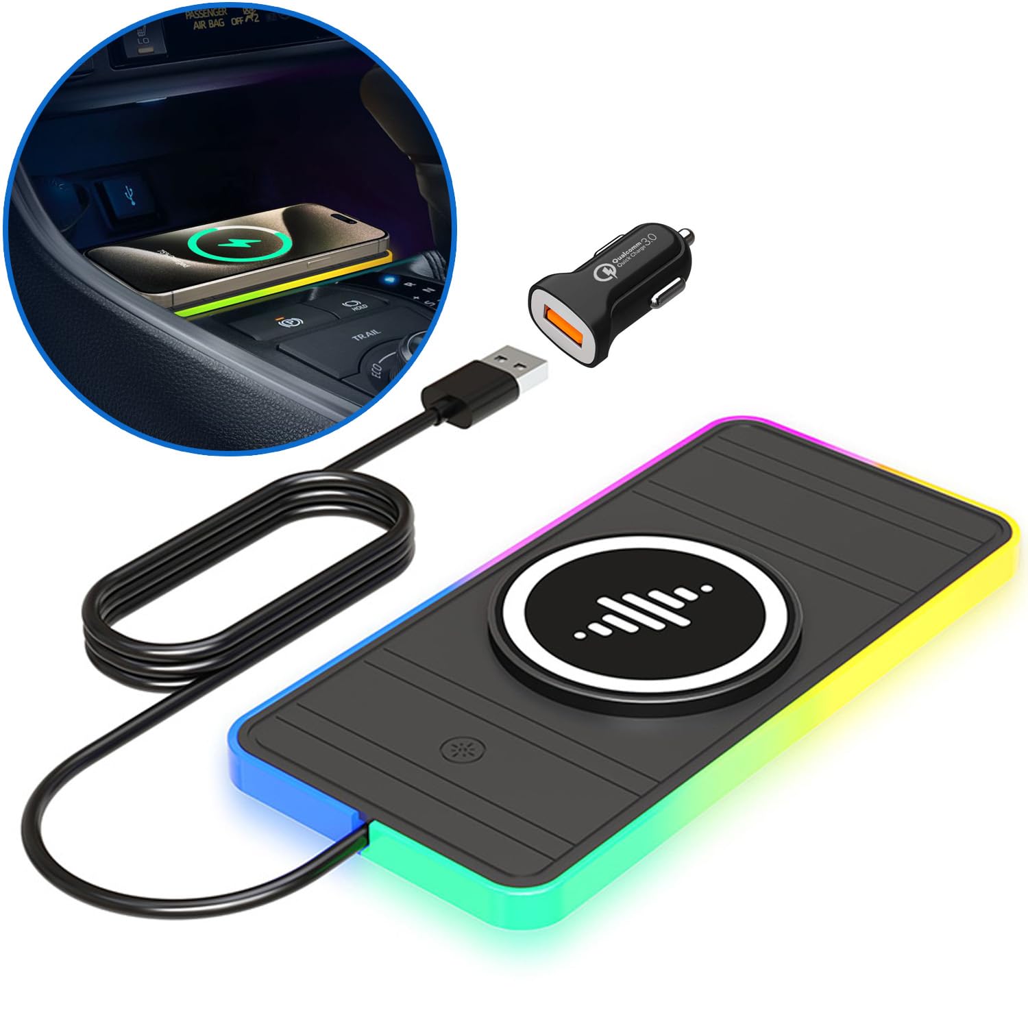 for Magsafe Wireless Car Charger Pad, [Upgrade] RGB 15W for Car Wireless Charging Pad for iPhone 15 14 13 12 11 Pro Max, for Samsung Galaxy S22/S22+/S22 Ultra/S21/S20/S10