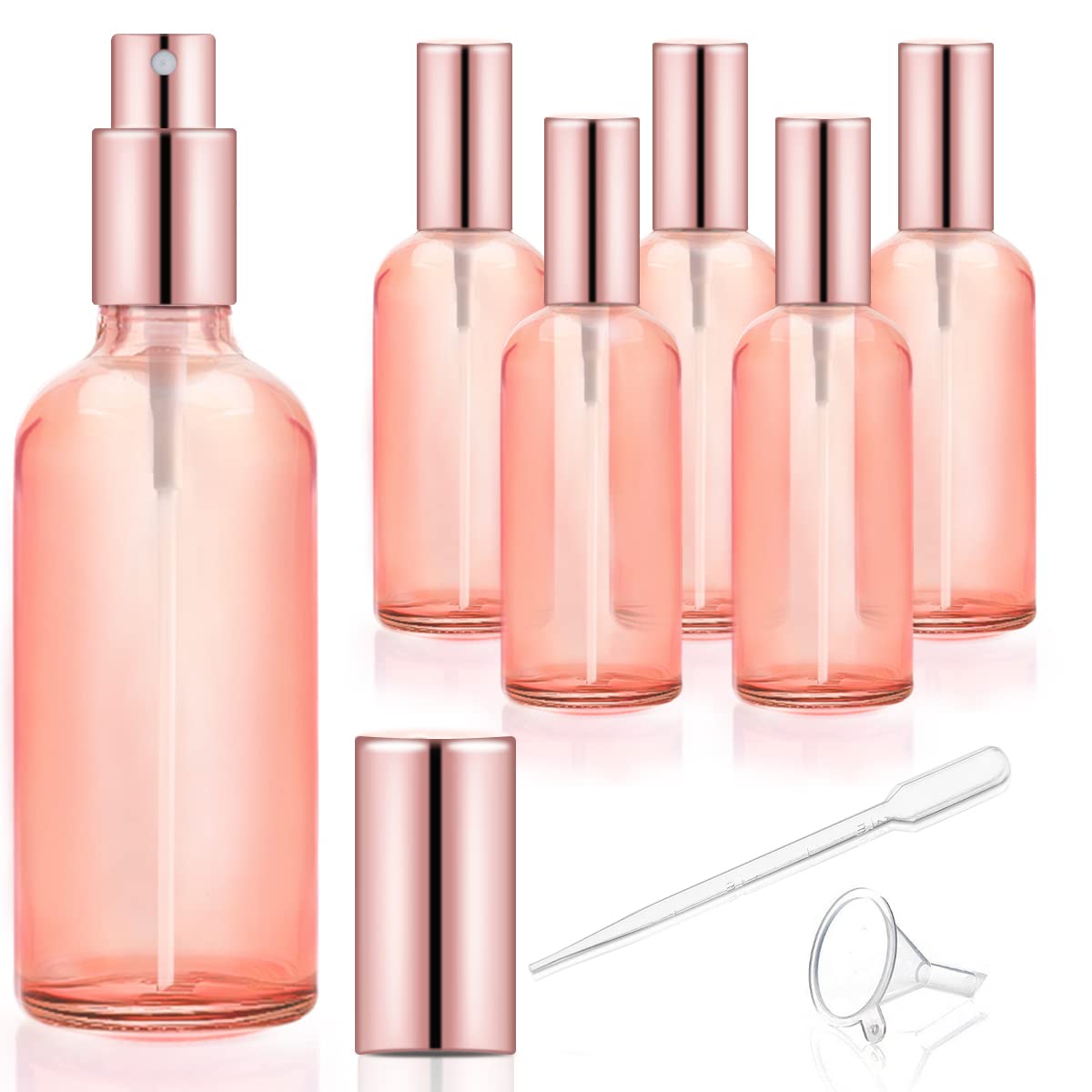 DMuuuDM 6 Pack 3.4 Oz Pink Glass Spray Bottles,Empty Perfume Fine Mist Atomizer,Refillable Travel Liquid Holder Containers for Cleaning Products,Essential Oils,Body Sprays-Rose-Golden Sprayer