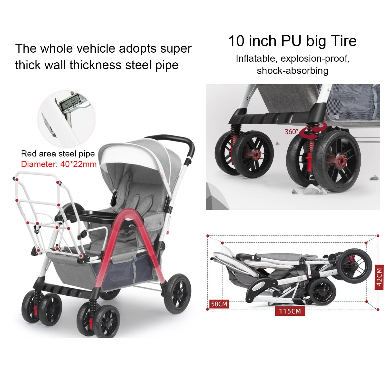 Twin Strollers for Infant Face to Face Umbrella Stroller with Adjustable Backrest Double Baby Stroller Pushchair All-Terrain Carriage, Child Tray,PU Wheels (Color : Gray 1)