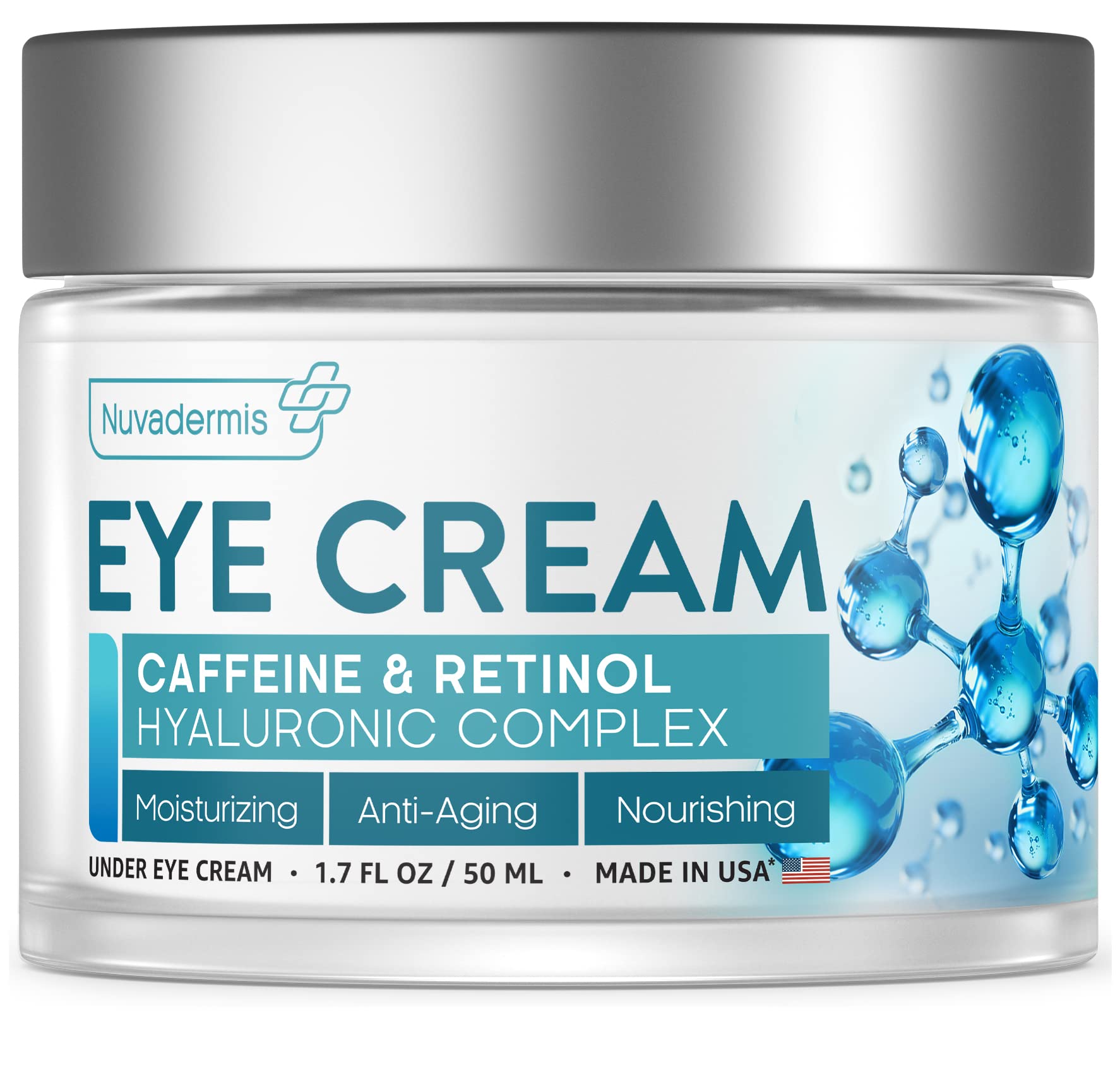 NUVADERMIS Caffeine Eye Cream with Retinol & Hyaluronic Complex – Anti-Aging Treatment – 1.7 oz – Made in the USA