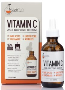 nuventin pure vitamin c facial serum skin care anti-aging moisturizer vitamin c face booster w/antioxidants for dry skin, age spots, sun damaged skin, wrinkle repair, & uneven skin tone, 1.75 fl oz