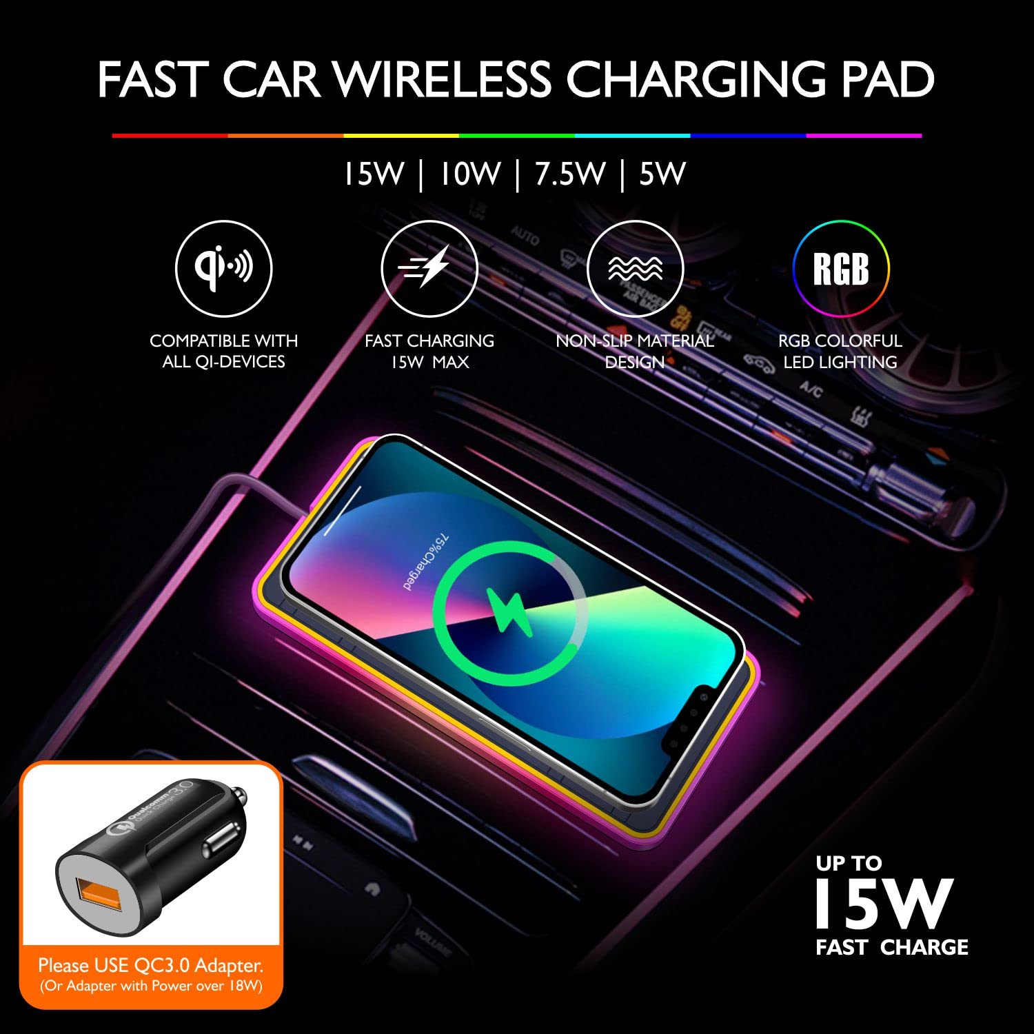 for Magsafe Wireless Car Charger Pad, [Upgrade] RGB 15W for Car Wireless Charging Pad for iPhone 15 14 13 12 11 Pro Max, for Samsung Galaxy S22/S22+/S22 Ultra/S21/S20/S10