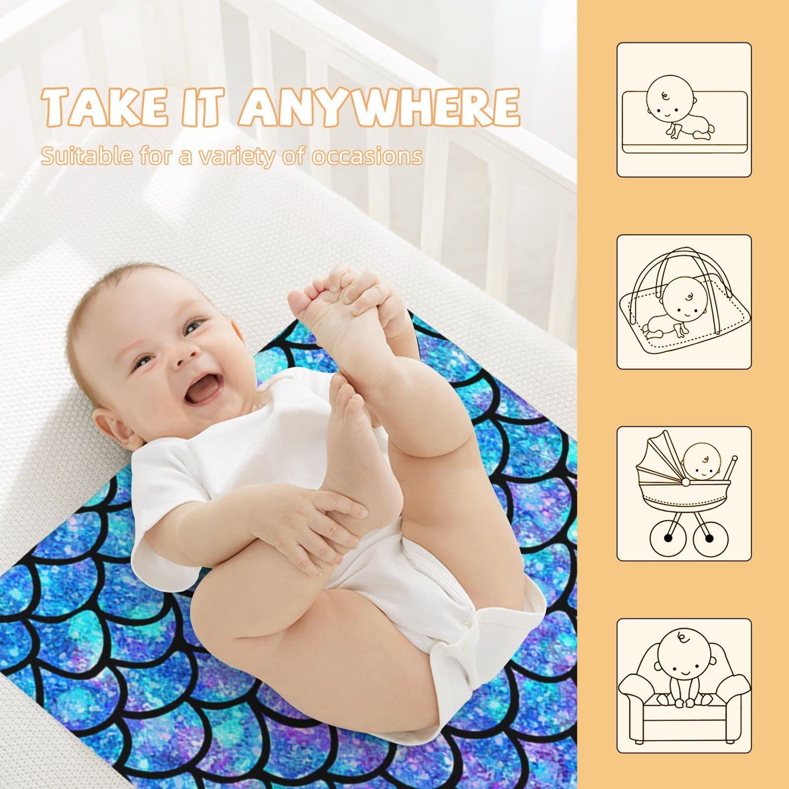 Ykklima Baby Changing Pad, Ombre Mermaid Teal Purple Fish Scale Pattern Change Mat for Diaper Change Waterproof Cotton Portable Reusable Washable for Home & Travel (20 x 28 Inches)