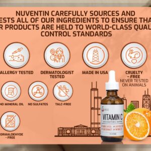 Nuventin Pure Vitamin C Facial Serum Skin Care Anti-Aging Moisturizer Vitamin C Face Booster W/Antioxidants For Dry Skin, Age Spots, Sun Damaged Skin, Wrinkle Repair, & Uneven Skin Tone, 1.75 Fl Oz