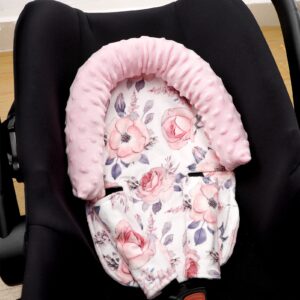 Baby Carseat Headrest, Mink Baby Head Support Girls, Floral Infant Car Seat Insert, Newborn Cushion for Strollers, Pink Flower