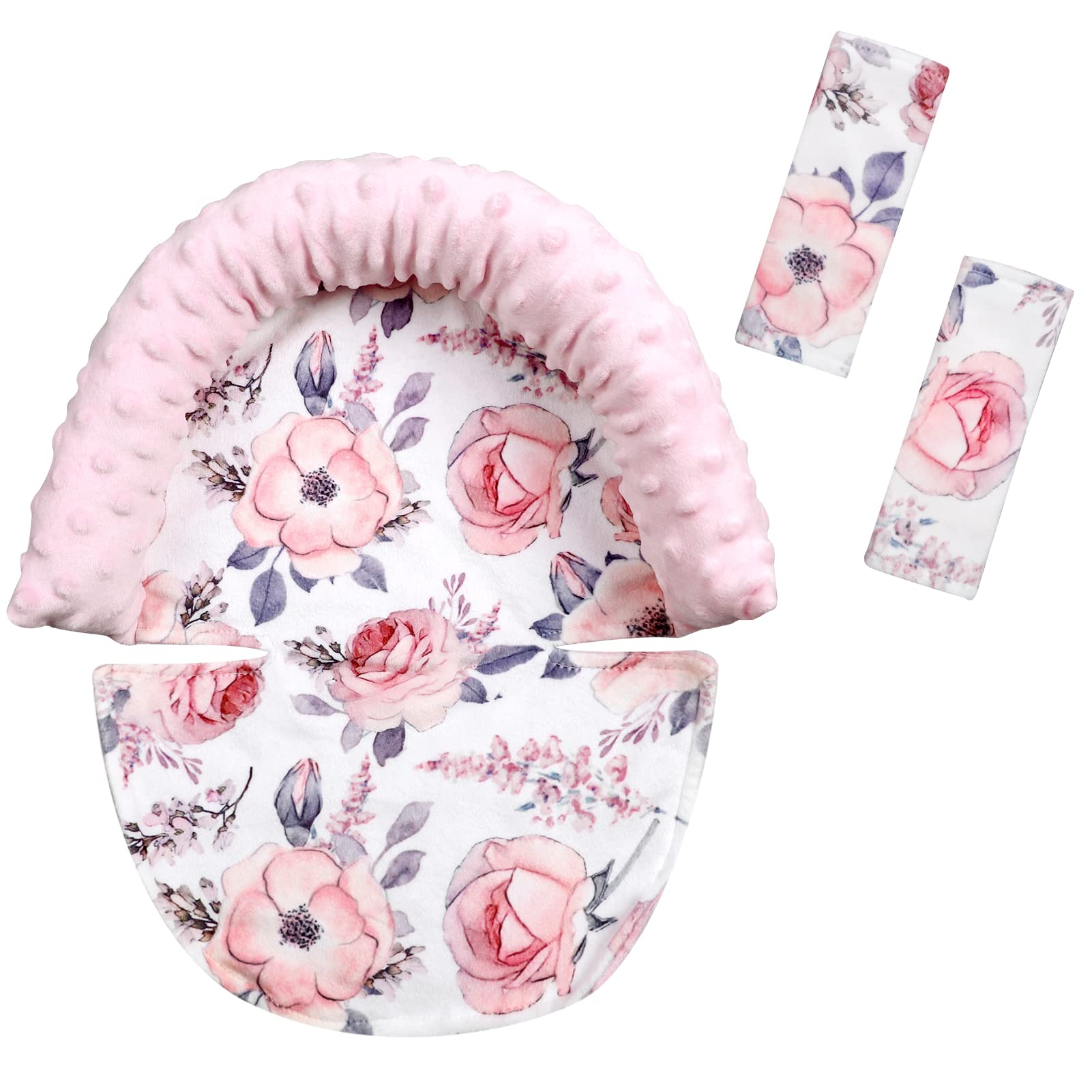 Baby Carseat Headrest, Mink Baby Head Support Girls, Floral Infant Car Seat Insert, Newborn Cushion for Strollers, Pink Flower