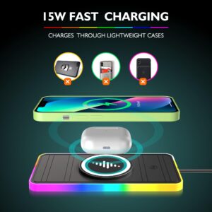 for Magsafe Wireless Car Charger Pad, [Upgrade] RGB 15W for Car Wireless Charging Pad for iPhone 15 14 13 12 11 Pro Max, for Samsung Galaxy S22/S22+/S22 Ultra/S21/S20/S10