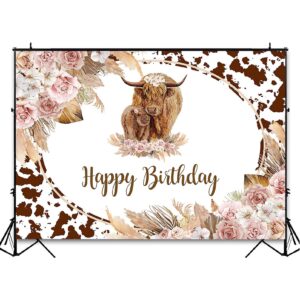 Avezano Highland Cow Birthday Backdrop Brown Highland Cattle Cows Birthday Party Decorations Floral Farm Cow Print Photography Background for Boys and Girls Cake Table Banners Props (7x5ft)