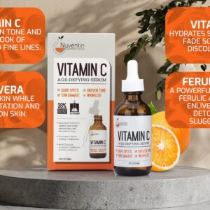 Nuventin Pure Vitamin C Facial Serum Skin Care Anti-Aging Moisturizer Vitamin C Face Booster W/Antioxidants For Dry Skin, Age Spots, Sun Damaged Skin, Wrinkle Repair, & Uneven Skin Tone, 1.75 Fl Oz