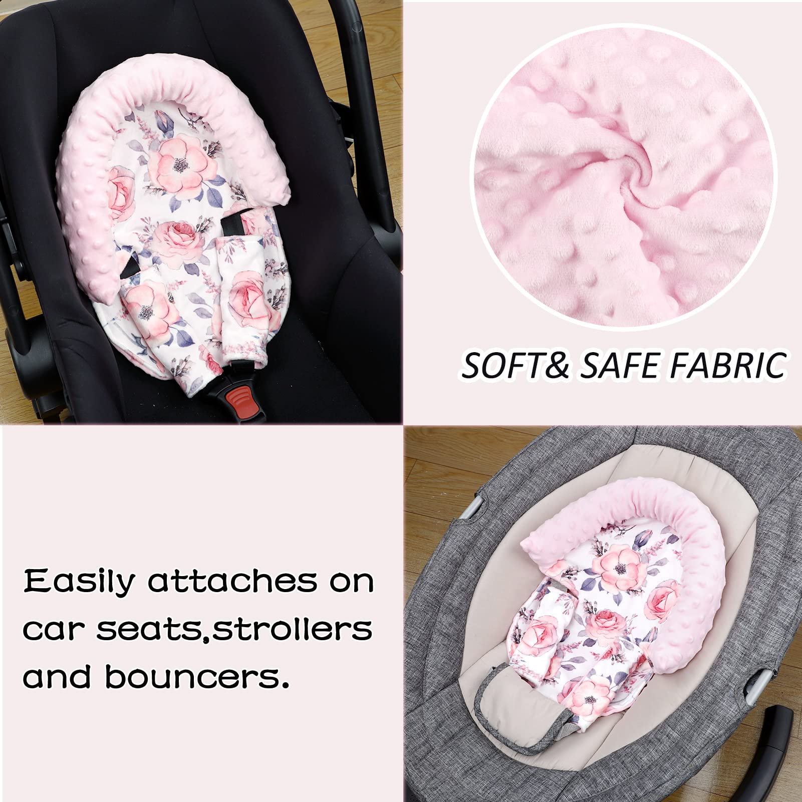 Baby Carseat Headrest, Mink Baby Head Support Girls, Floral Infant Car Seat Insert, Newborn Cushion for Strollers, Pink Flower