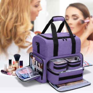 BAFASO 2 Layers Large Travel Makeup Bag with 3 Inner Removable Pouches, Hair Bag Cosmetic Bag Tattoo Carrying Case with Detachable Dividers (Patented), Purple