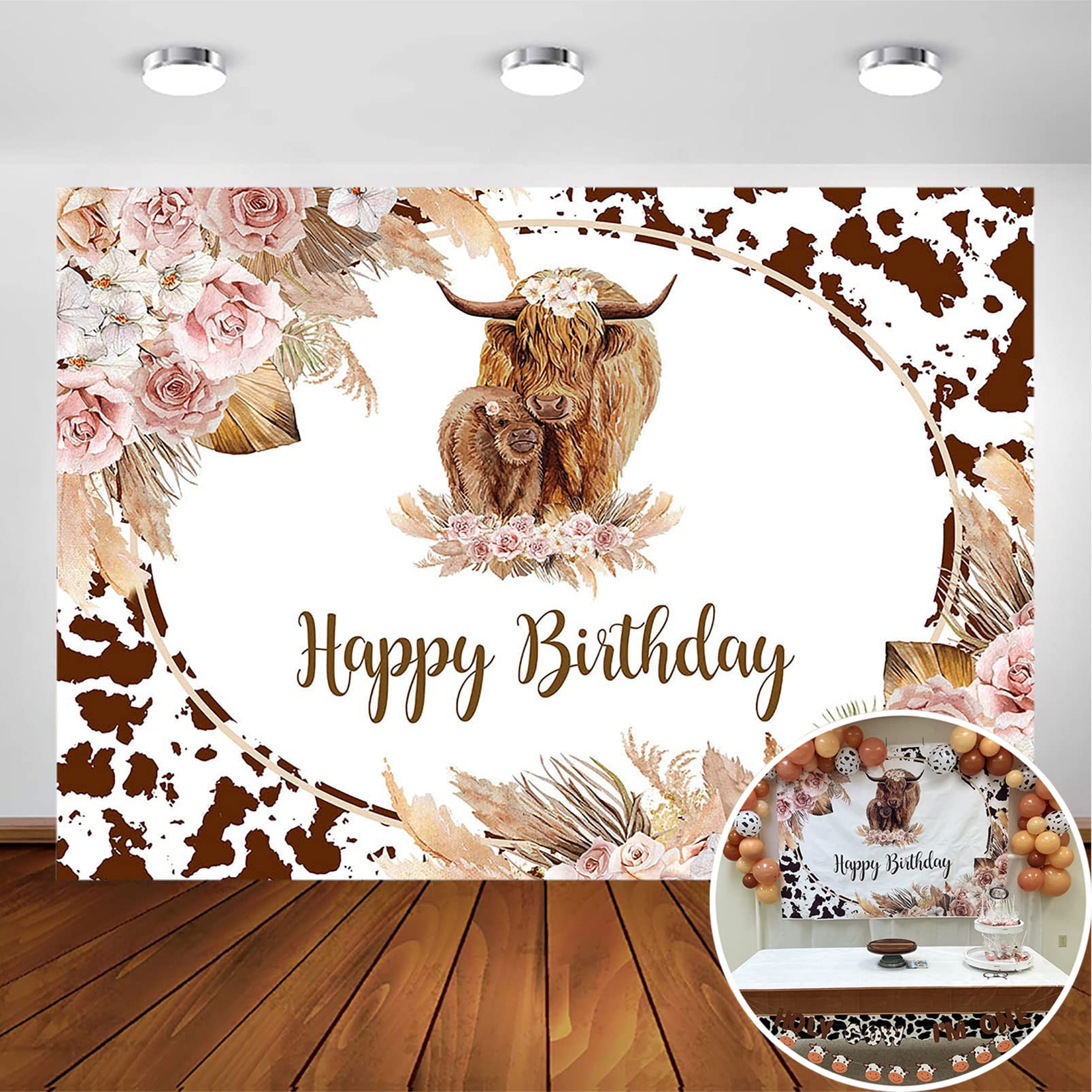 Avezano Highland Cow Birthday Backdrop Brown Highland Cattle Cows Birthday Party Decorations Floral Farm Cow Print Photography Background for Boys and Girls Cake Table Banners Props (7x5ft)