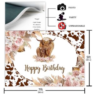 Avezano Highland Cow Birthday Backdrop Brown Highland Cattle Cows Birthday Party Decorations Floral Farm Cow Print Photography Background for Boys and Girls Cake Table Banners Props (7x5ft)