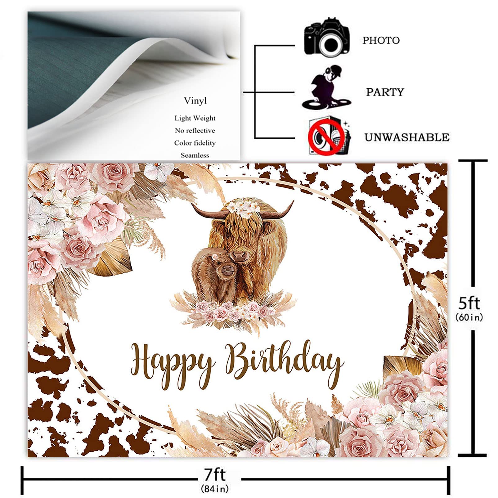 Avezano Highland Cow Birthday Backdrop Brown Highland Cattle Cows Birthday Party Decorations Floral Farm Cow Print Photography Background for Boys and Girls Cake Table Banners Props (7x5ft)