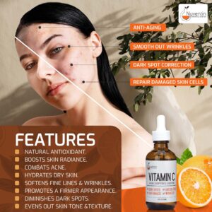 Nuventin Pure Vitamin C Facial Serum Skin Care Anti-Aging Moisturizer Vitamin C Face Booster W/Antioxidants For Dry Skin, Age Spots, Sun Damaged Skin, Wrinkle Repair, & Uneven Skin Tone, 1.75 Fl Oz