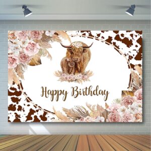 Avezano Highland Cow Birthday Backdrop Brown Highland Cattle Cows Birthday Party Decorations Floral Farm Cow Print Photography Background for Boys and Girls Cake Table Banners Props (7x5ft)