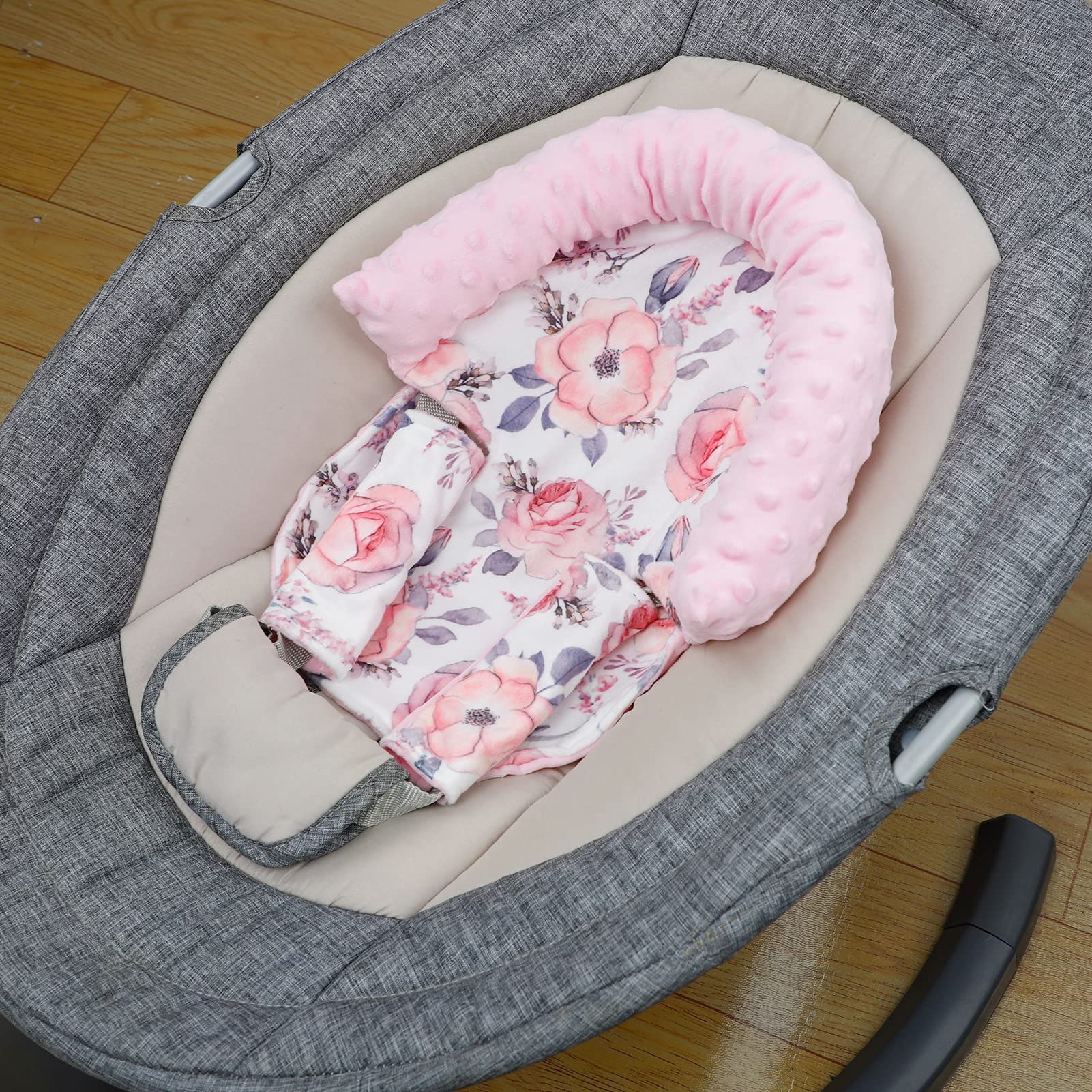 Baby Carseat Headrest, Mink Baby Head Support Girls, Floral Infant Car Seat Insert, Newborn Cushion for Strollers, Pink Flower