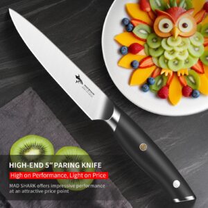 MAD SHARK 5-inch Compact Paring Knife - Kitchen Peeling Knife Ergonomic Handle, Sharp Utility Knife for Fruits,Vegetables and More - Forged Synergy by German Military Grade Composite Steel, Black