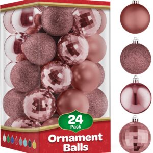 Christmas Ornaments Set of 24 - Beautiful [Rose-Gold] Christmas Tree Decorations Ornaments Set - 4 Styles Glitter/Matte/Mirror/Shiny - Shatterproof/Pre-Strung, For Holiday/Party/Decorations/DIY (1.5")