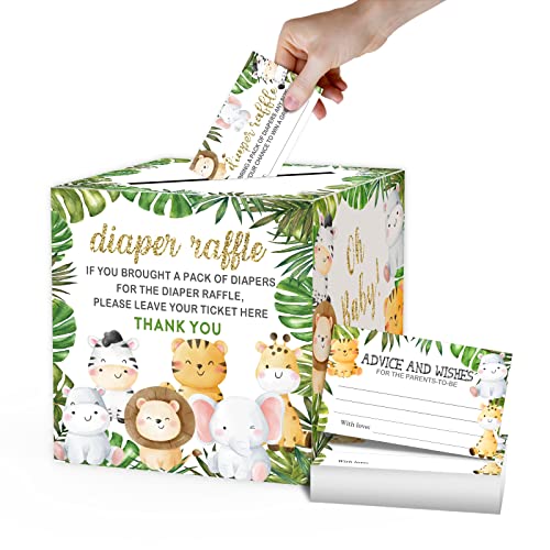 Diaper Raffle Tickets and Advice Cards For Baby Shower - 1 Card Collection Box & 50 Tickets, Jungle Animal Baby Shower Card Box, Party FavorsDecorationsSupplies, Game Kit, 8" Card Box -006BOX