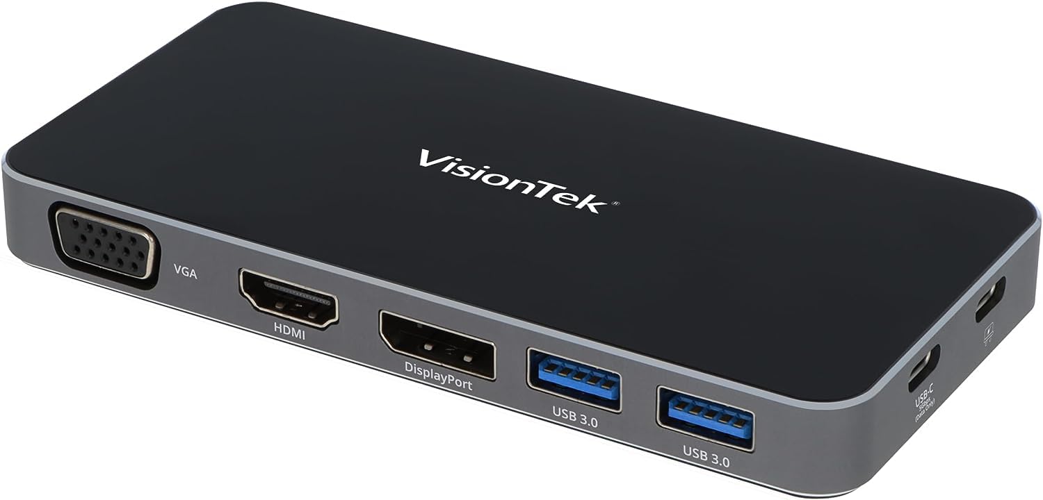 VisionTek VT210 Portable USB-C Dual Monitor Hub - 1x DP, 1x HDMI, 1x VGA, 2X USB-A Ports, 1x USB-C for Windows/MacOS/ChromeOS/iOS